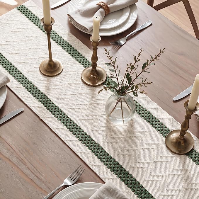 Artoid Mode Forest Green Stripe Woven Rustic Table Runner 12x120 Inch | Holiday - Image 4