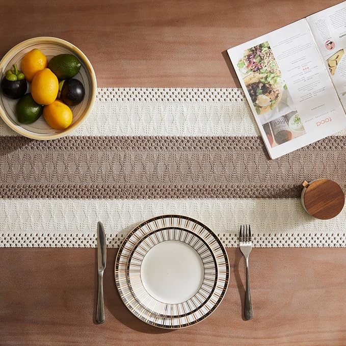 Macrame Style Bicolor Stitching Table Runner 14x108in Cocoa Brown | Woven Boho - Image 4