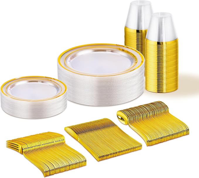 WELLIFE Clear and Gold Plastic Plates, Dinnerware Set by WELLIFE
