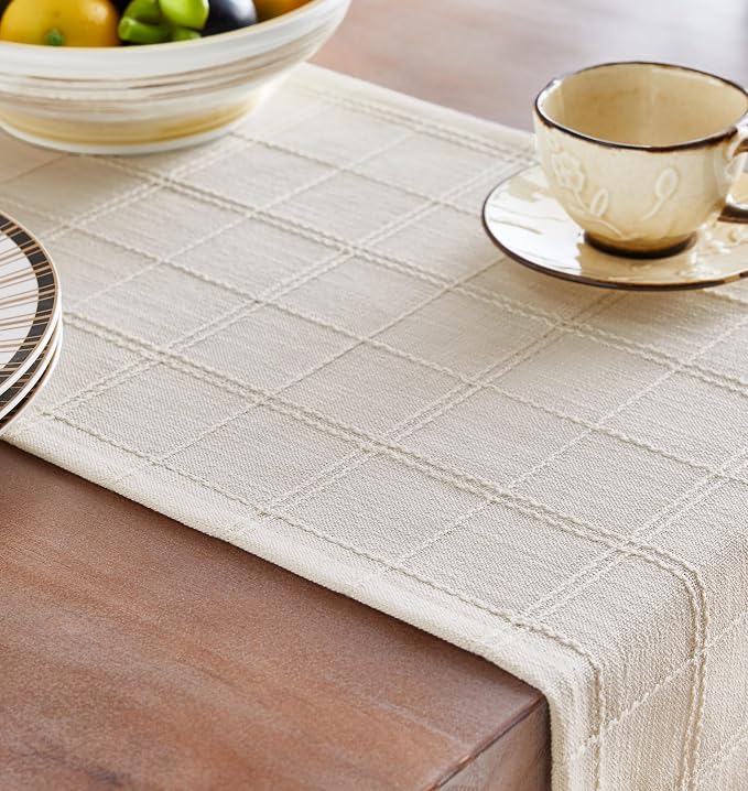 Linen Checked Farmhouse Table Runner, 13x48 Inches Ivory | Raised Grid Design - Image 5