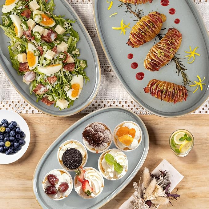 Ceramic Serving Platter Set of 3, Oval Serving Plates and Dishes | - Image 3