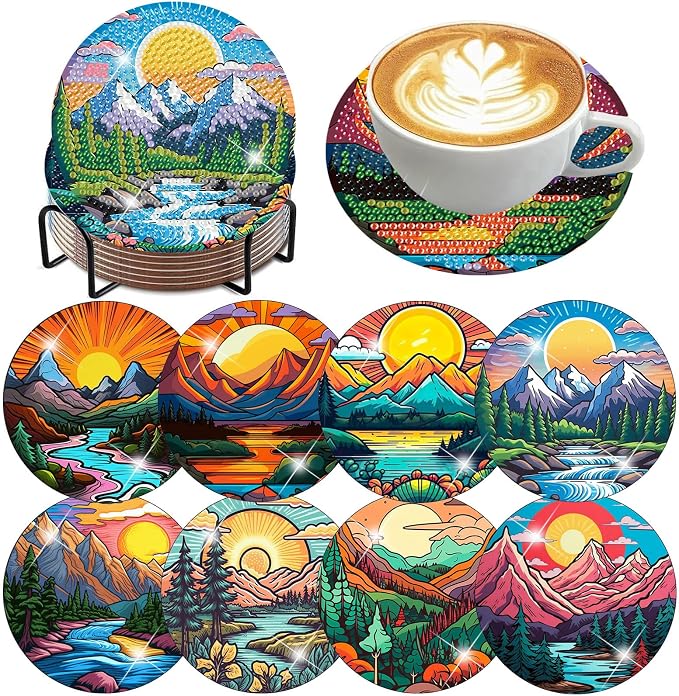 Ekuxom 8 PCS Sunset Diamond Art Coasters Kits- Landscape Diamond Painting by Ekuxom