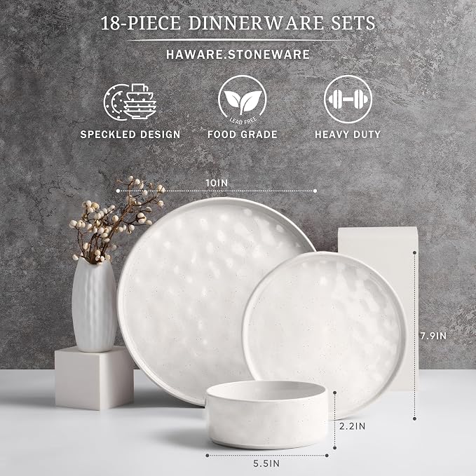 HaWare Dinnerware Sets, 18-Piece Plates and Bowls Set, Speckled White | - Image 2
