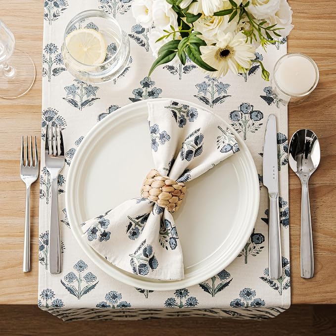 Block Print Floral Decorative Table Runners, 13x90 Inch Dusty Blue | 100% - Image 3