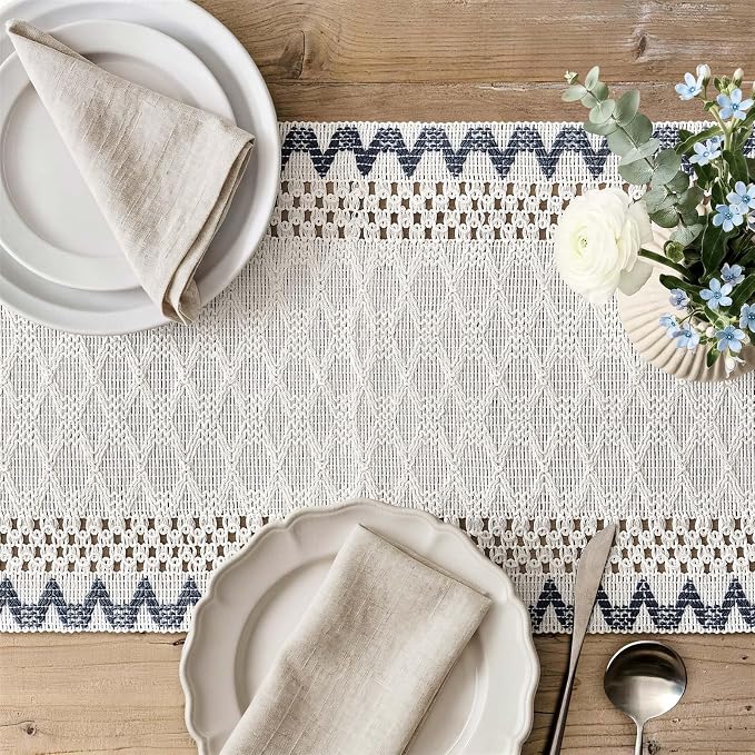Macrame Side Trim Boho Woven Table Runner, Dusty Blue 12x60 Inch | Crochet - Image 3