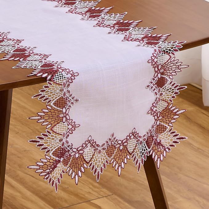 White Dark Red Linen Lace Table Runner 72 inches Dresser Scarf | White Sheer - Image 7