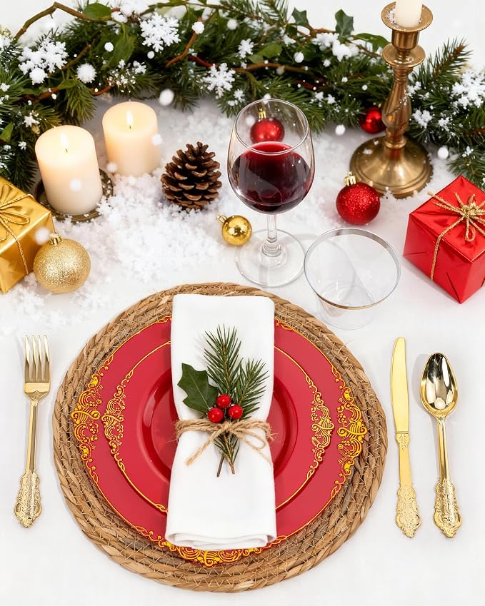 Nervure 350Pcs Red Plastic Plates, Disposable Dinnerware Set - Image 7