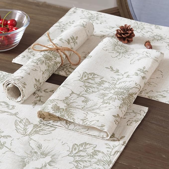 JINCHAN Alice Linen Floral Placemats Set of 4 Farmhouse 13x19 Inch Green | - Image 8