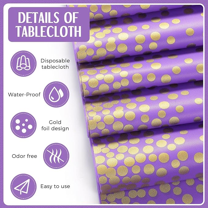 24 Pack Purple and Gold Disposable Plastic Tablecloths and Satin Table Runner - Image 4