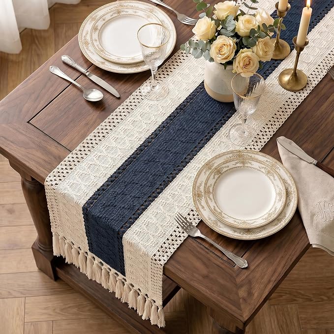 Boho Macrame Table Runner with Tassels 48in Blue Farmhouse Runner | Macrame - Image 2