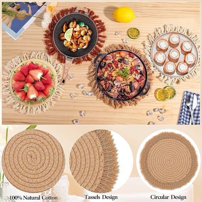 13 Inch Round Cotton Placemat Set of 4 Boho Placemats Table Mats Woven Washable - Image 6