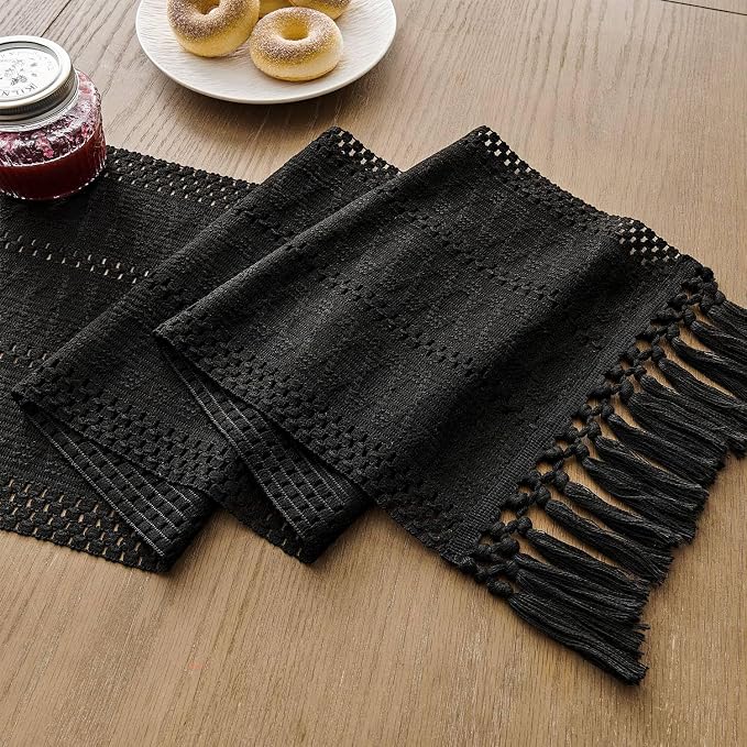 Macrame Style Boho Table Runner, 12x108 Inch Black | Woven Boho Table Runner - Image 7