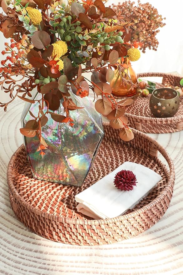 HITOMEN 14.2" Hand-Woven Round Rattan Serving Tray Decorative Ottoman Wicker - Image 2