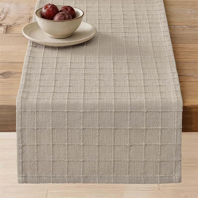 Artisanal Grid Linen Table Runner, 13x60 Inches Oatmeal | Heavy Textured by ZEEMARTONLINE