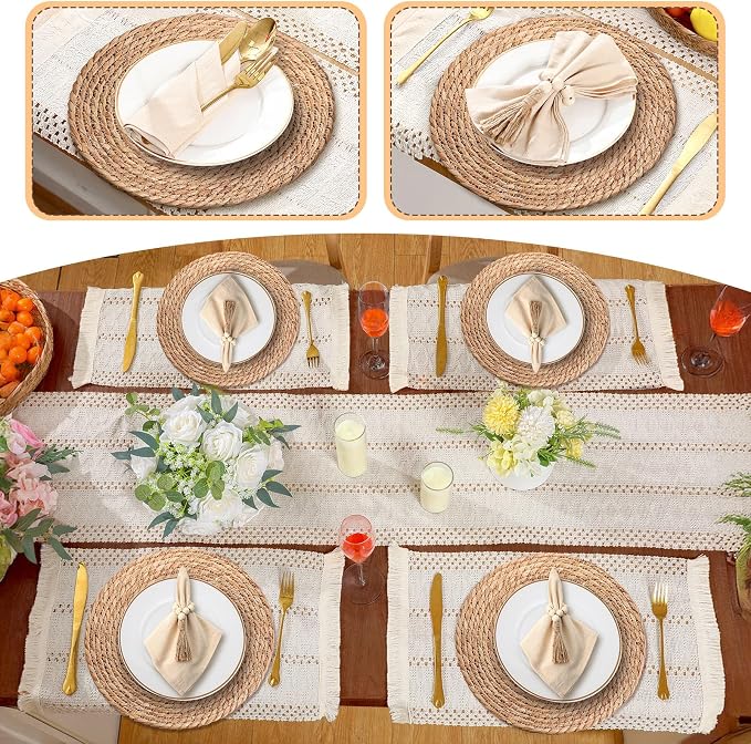 6 Sets Boho Decoration Placemats Round Woven Placemats, Cloth Napkins, Wood - Image 6