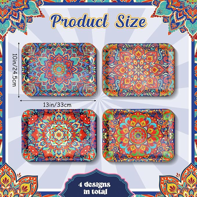 Vesici 4 Pack Mandala Melamine Serving Trays, 13 x 10 Inch Rectangular - Image 2