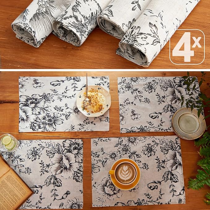JINCHAN Alice Linen Floral Placemats Set of 4 Farmhouse 13x19 Inch Black | - Image 2
