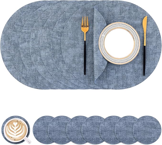 Homaxy Round Faux Leather Placemats and Coasters, Wipeable Place Mats, by Homaxy