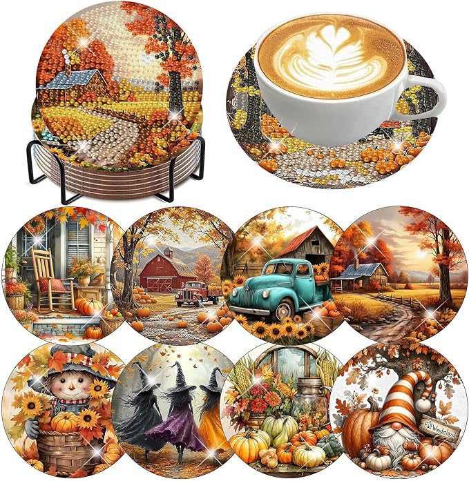 Ekuxom 8 Pcs Fall Diamond Art Coasters Kits by Ekuxom