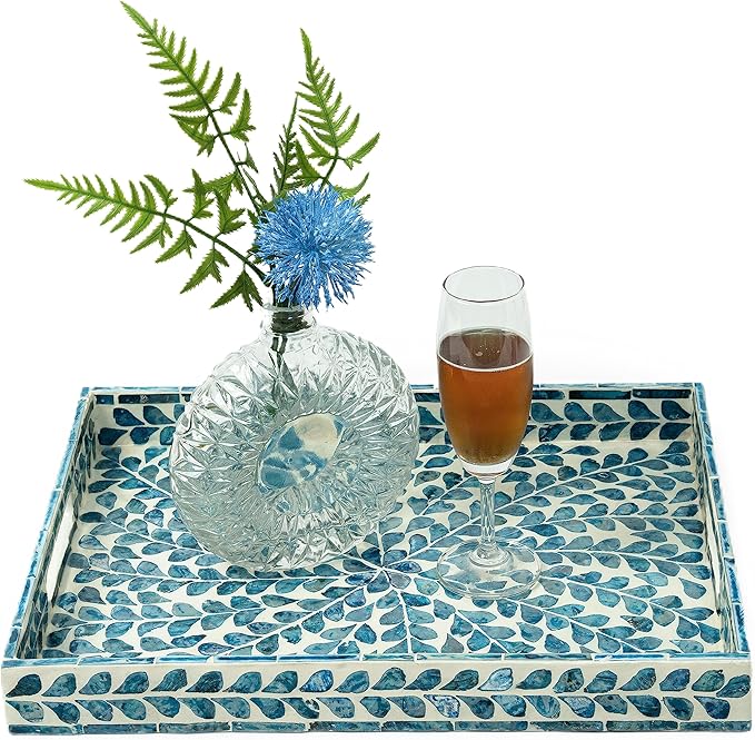Serving Tray 15.7" X11.8", Lacquer Mother of Pearl Inlay Mosaic Tray, Rectangle by WovenWickerThings