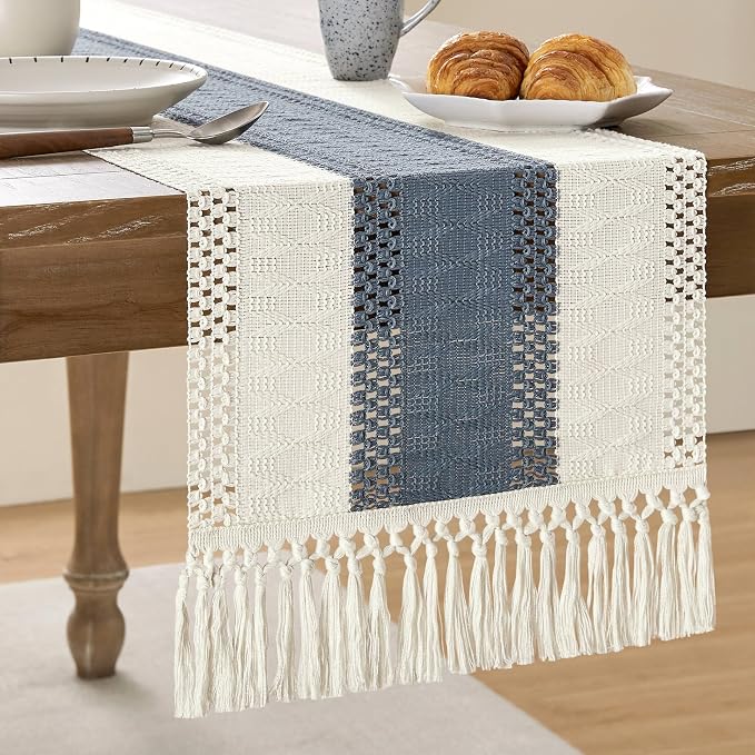 Macrame Style Bicolor Stitching Table Runner 14x72in Navy | Woven Boho Table by ZEEMARTONLINE