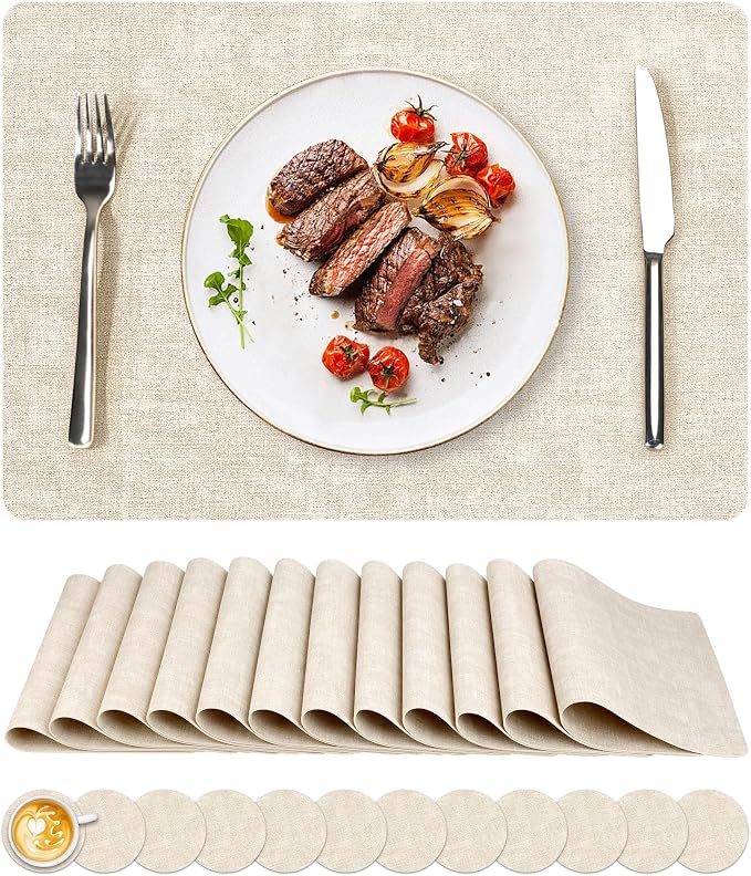 NCUE Vinyl Placemats Set of 12, Heat Resistant, Nonslip Faux Leather Waterproof by NCUE