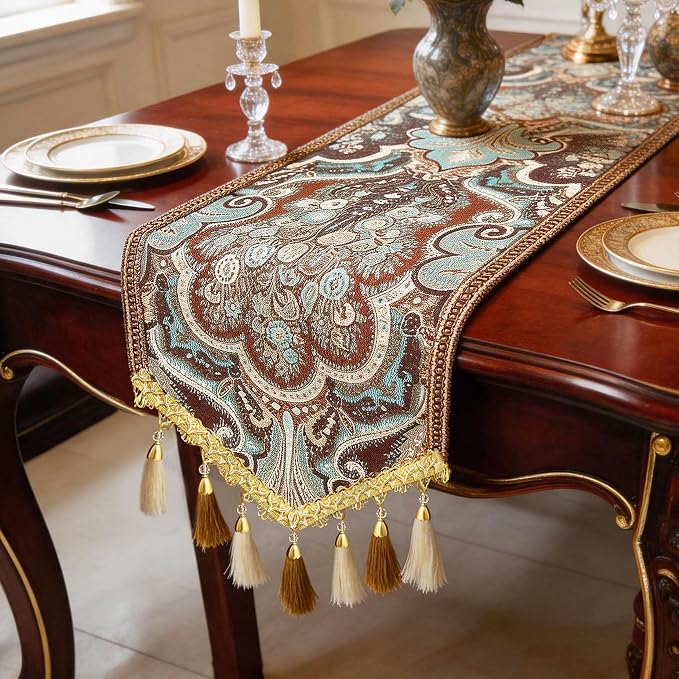 European Luxury Table Runner 87” Teal Brown by Jiino