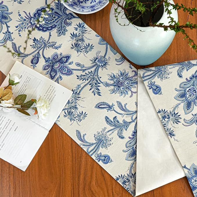 Waterproof Beige and Blue Table Runner - Image 4