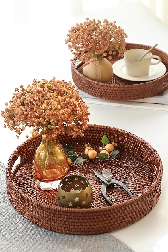 HITOMEN Hand-Woven Round Rattan Serving Tray Decorative Ottoman Wicker Platter - Image 2