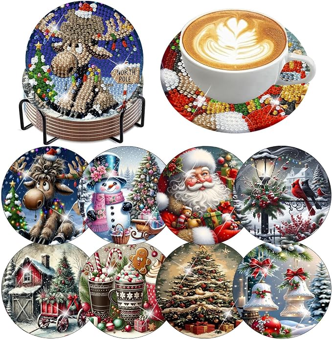 ijbnhd 8 PCS Christmas Diamond Art Coasters Kit 4X4inch | Christmas Diamond by ijbnhd