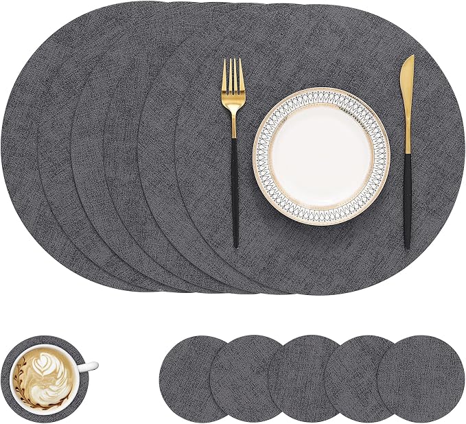 Round Faux Leather Placemat and Coaster 6 Packs, Washable Heat Resistant Dining by homing