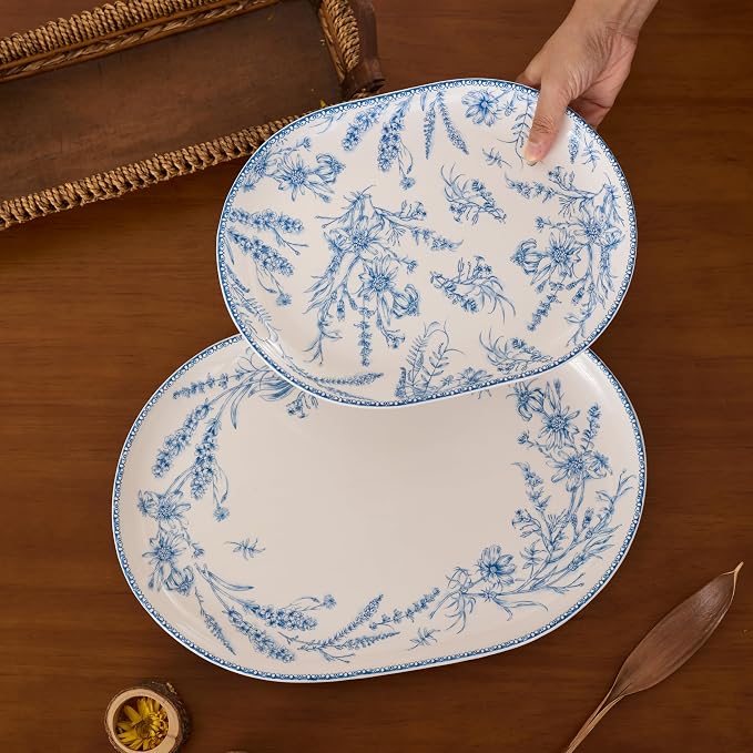 Bico Blue Garden Toile De Jouy 16 plus 12 inch Oval Platters Set, Microwave and - Image 4