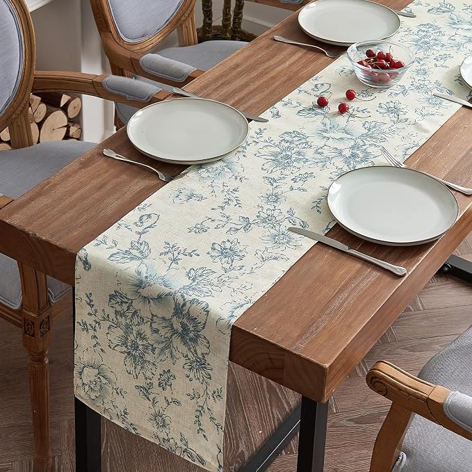 jinchan Blue Floral Linen Table Runner 13 x 108 Inch Farmhouse | Classic by JINCHAN