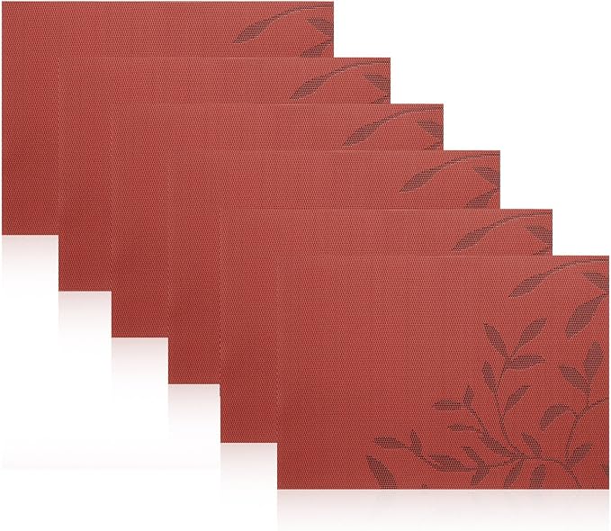SHACOS Woven Vinyl Placemats Set of 8 Red Leaf Pattern Wipeable Place Mats - Image 6