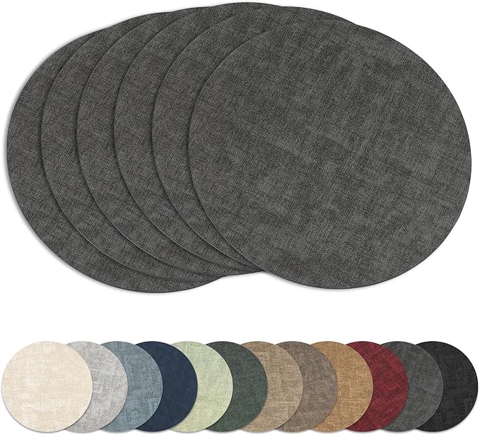 13"Round Placemats Set of 6, Reversible Faux Leather Heat Resistant Table Mats by NCUE