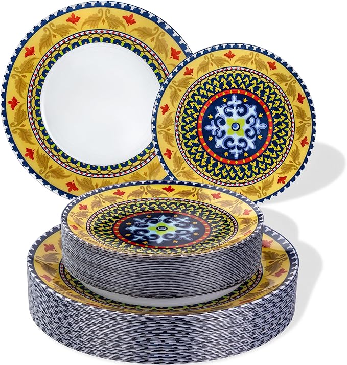 Yellow Plastic Plates, Boho Plates, layered circle red/yellow accents. Durable by Hioasis