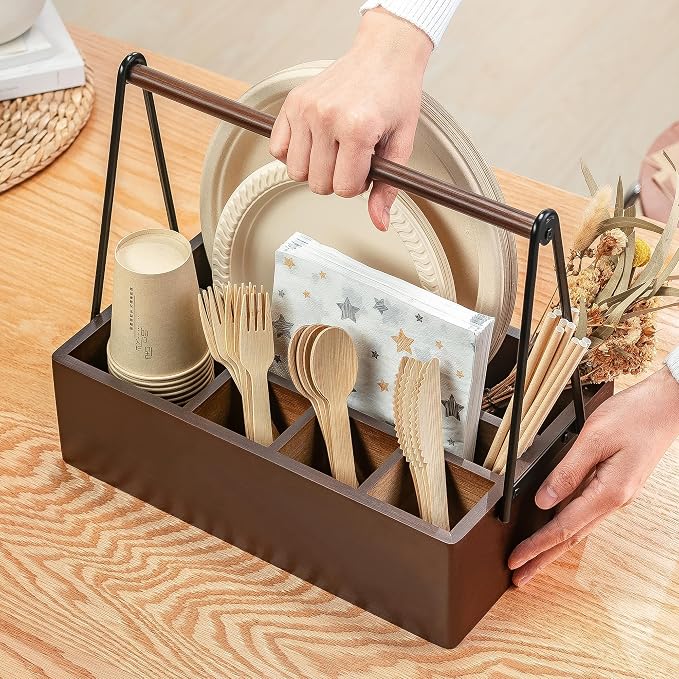 PTSTING Silverware Caddy with Handle Acacia Wood, Paper Plate Dispenser | - Image 4