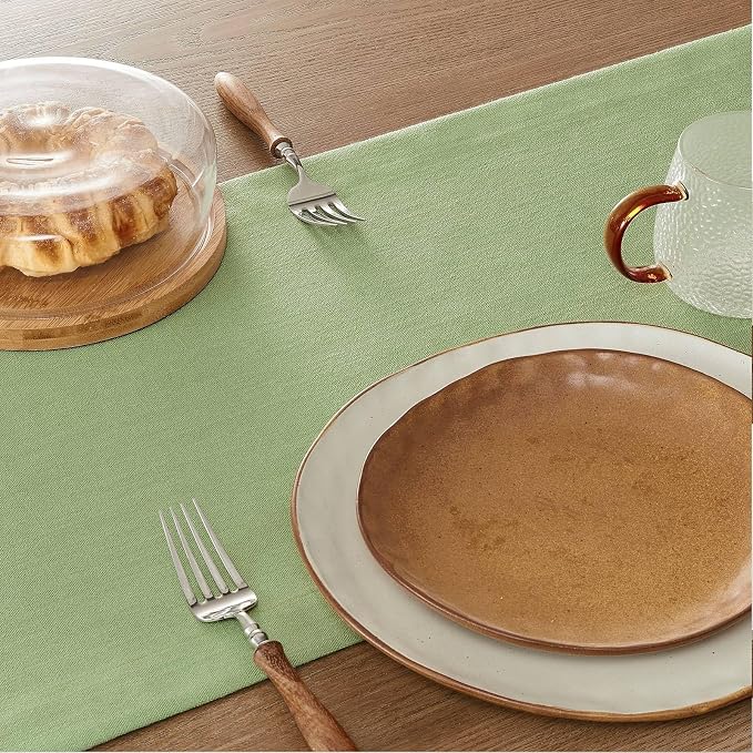 Linen Textured Border Table Runner, 14 x 108 Inch Green | Mitered Corner Design - Image 5