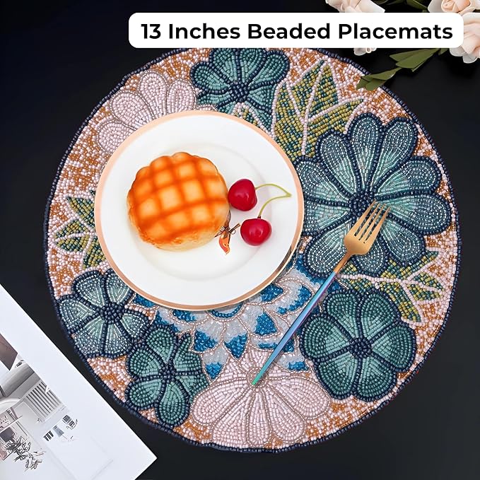 13" Flower Beaded Placemats, Teal Multi, Round Dining Table Mat | Flower Beaded - Image 2