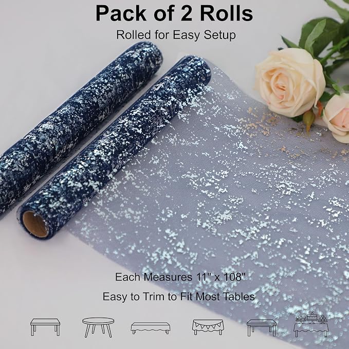Snowkingdom 2Pcs Navy Blue Silver Table Runner Sparkly Party Decor | Glitter - Image 2