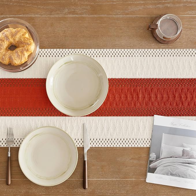 Macrame Style Bicolor Stitching Table Runner 14x60in Orange | Woven Boho Table - Image 5
