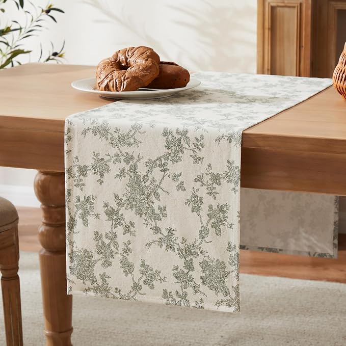 French Pastoral Farmhouse Table Runners, 13x60 Inch Green | 100% Organic Cotton - Image 7