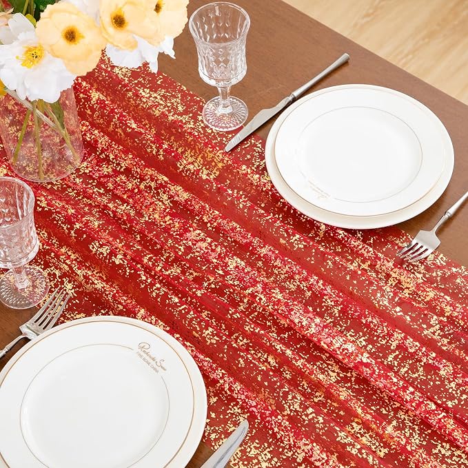 SiinvdaBZX 4 Pcs Red Gold Sheer Tulle Table Runner 120 Inch/10 Ft Long | Gauze - Image 6