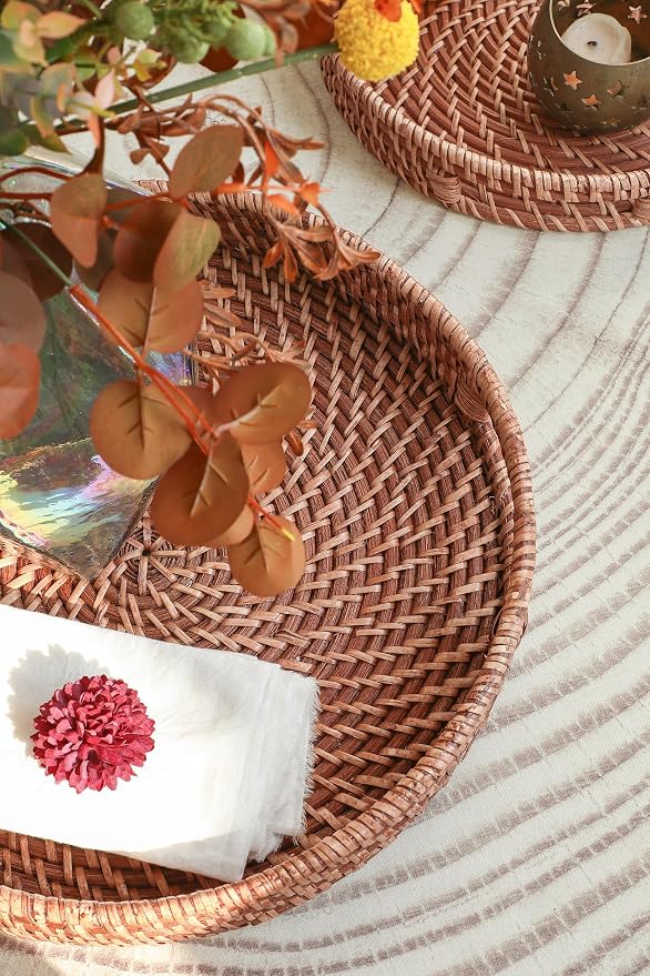 HITOMEN Hand-Woven Round Rattan Serving Tray Decorative Ottoman Wicker Platter - Image 5