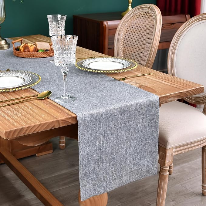 NEWISHER Farmhouse Rustic Faux Linen Solid Grey Table Runner 13x90inch | Grey by Newisher