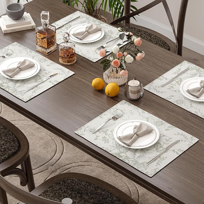 JINCHAN Alice Linen Floral Placemats Set of 4 Farmhouse 13x19 Inch Green | - Image 3