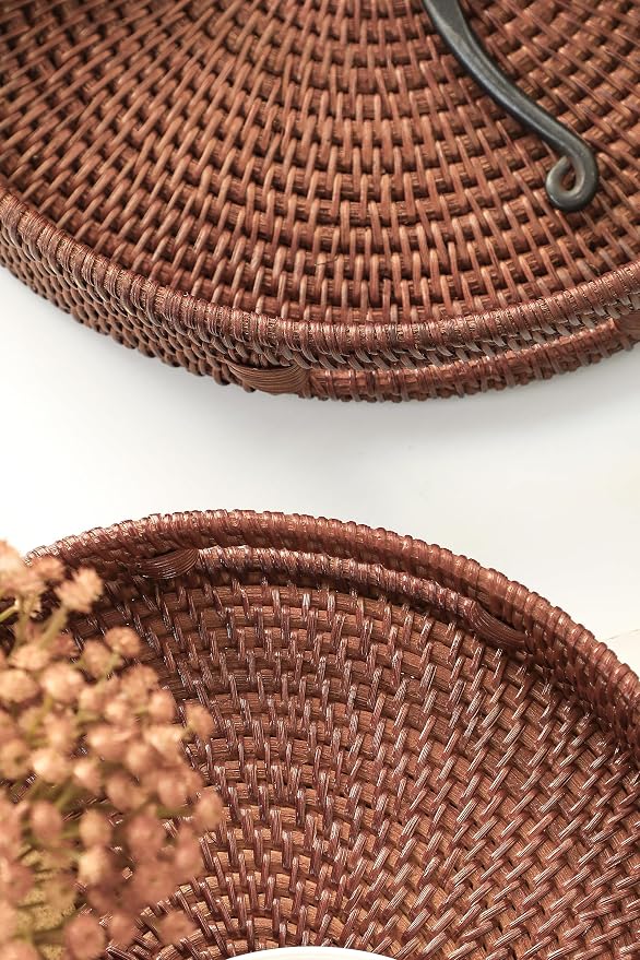 HITOMEN 11.8" Hand-Woven Round Rattan Serving Tray Decorative Wicker Trays - Image 5
