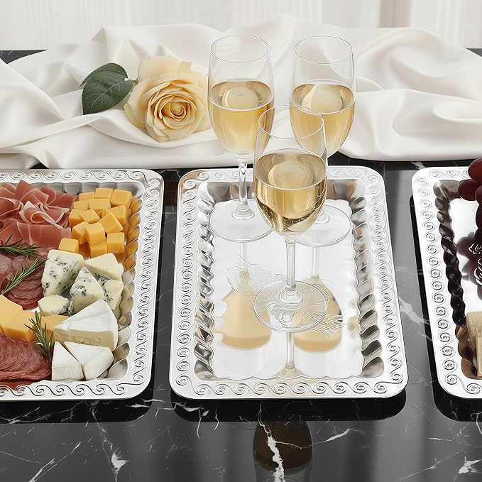6-Pack Silver Serving Trays Set – Swirl Floral Engraved Serving Platters - Image 3