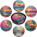 Flamingo Coasters Leather Round Drink Coasters 6 Pcs Set by Yopiiefa