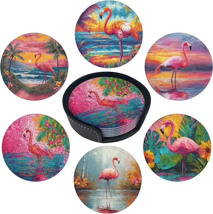 Flamingo Coasters Leather Round Drink Coasters 6 Pcs Set by Yopiiefa